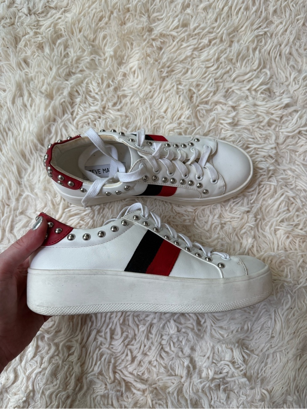 Steve Madden Belle Platform Studded Sneakers White Red Stripe Women Size 6M